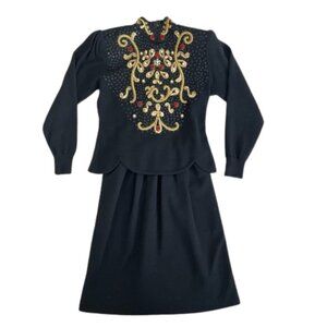 Vintage 80s black wool embellished peplum dress Ciao Ltd stones pearls sequins